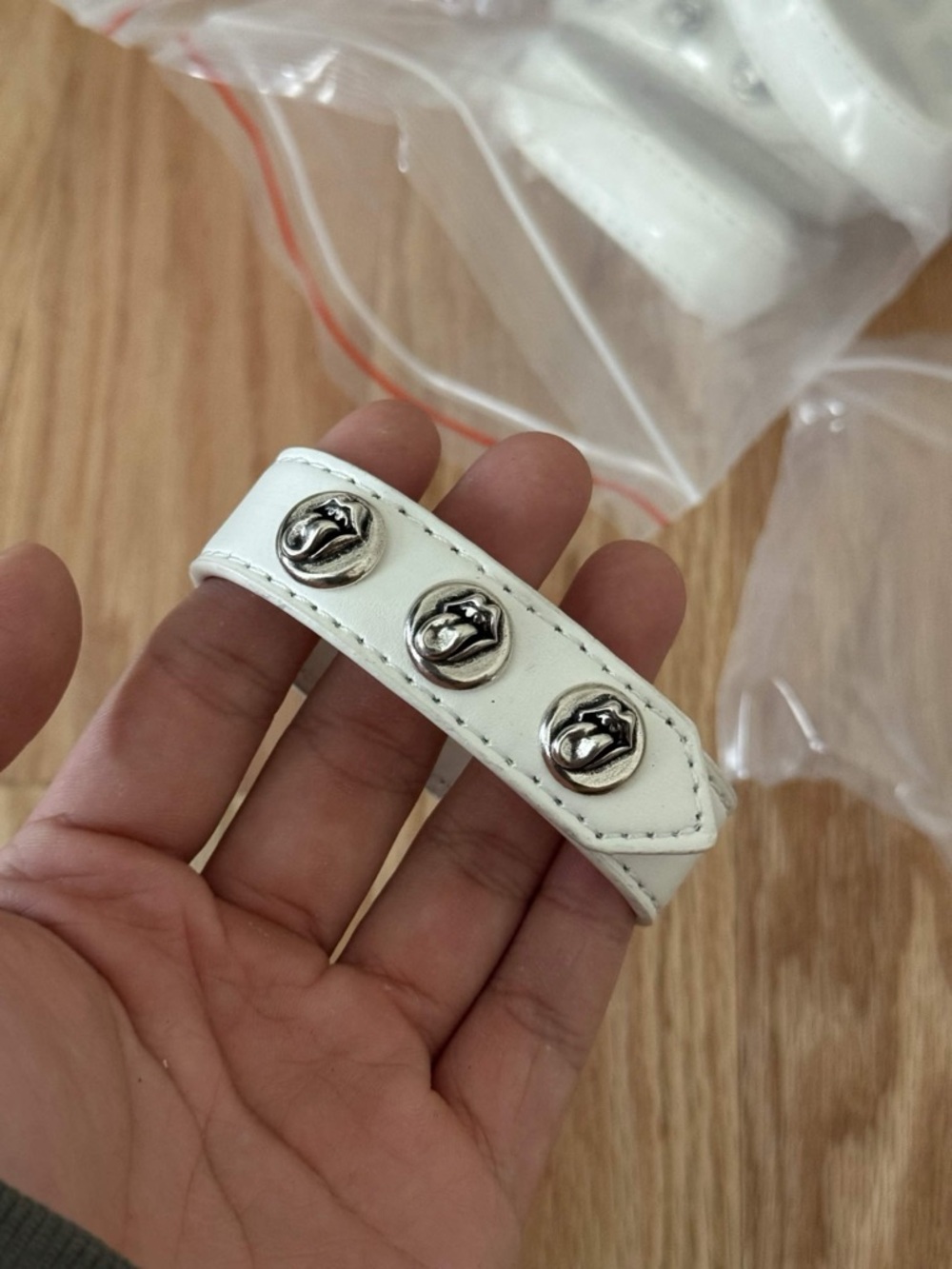 Chrome Hearts White Leather Bracelet with Rolling Stones Silver Studs